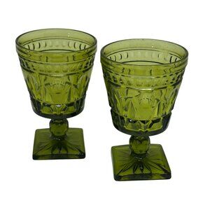 VTG 90s Indiana Glass Green Goblets Set of 2 Diamond Cut Square Base 3.5"x5.25"